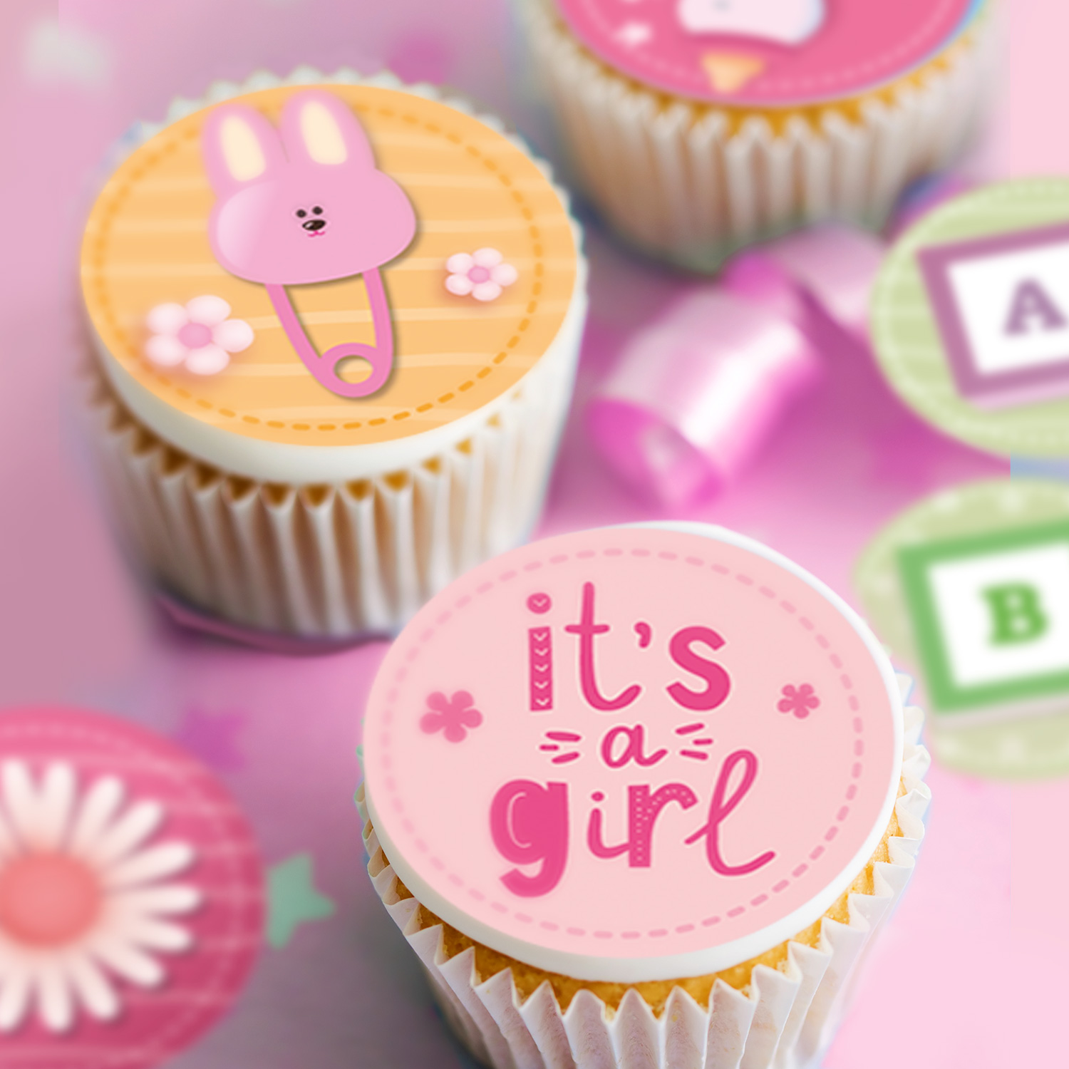 Mini disques d'Azyme comestibles Baby Shower Fille - Décoration pour cupcakes Ø 3,4 cm
