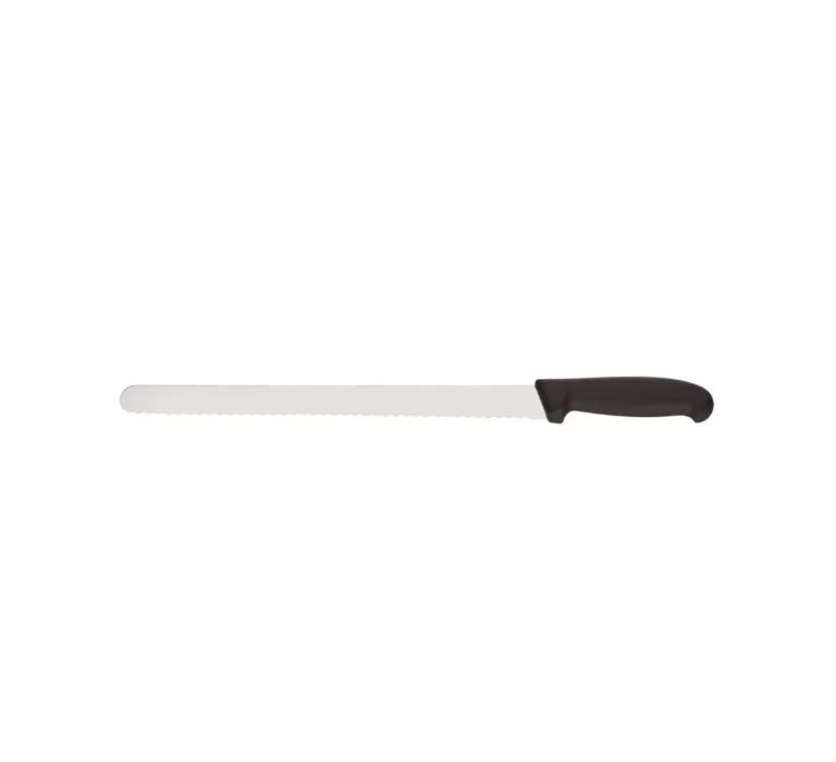 Couteau à génoise avec lame longue et tranchante, poignée ergonomique pour une coupe précise.